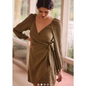 Anthropologie Olive Green V-Neck Wrap Long Sleeve Mini Dress Women's size XS